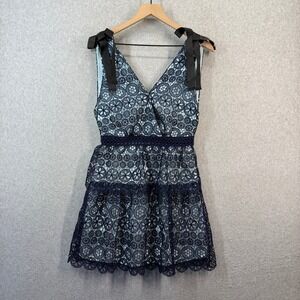 Self-Portrait Mini Dress Navy Blue Floral Guipure Lace Tiered SP18-086L US 4